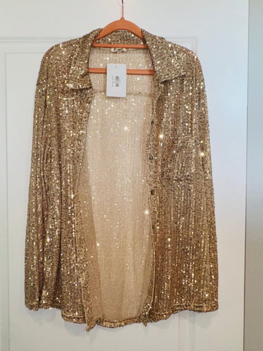 POL Gold Sequin Sheer Oversized Button-Up Top Size Small NWT